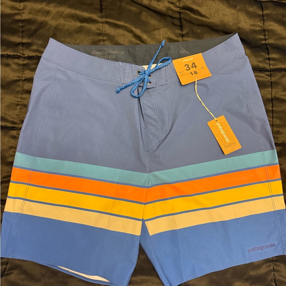 Patagonia Blue and Orange Board Shorts with Retro Stripes